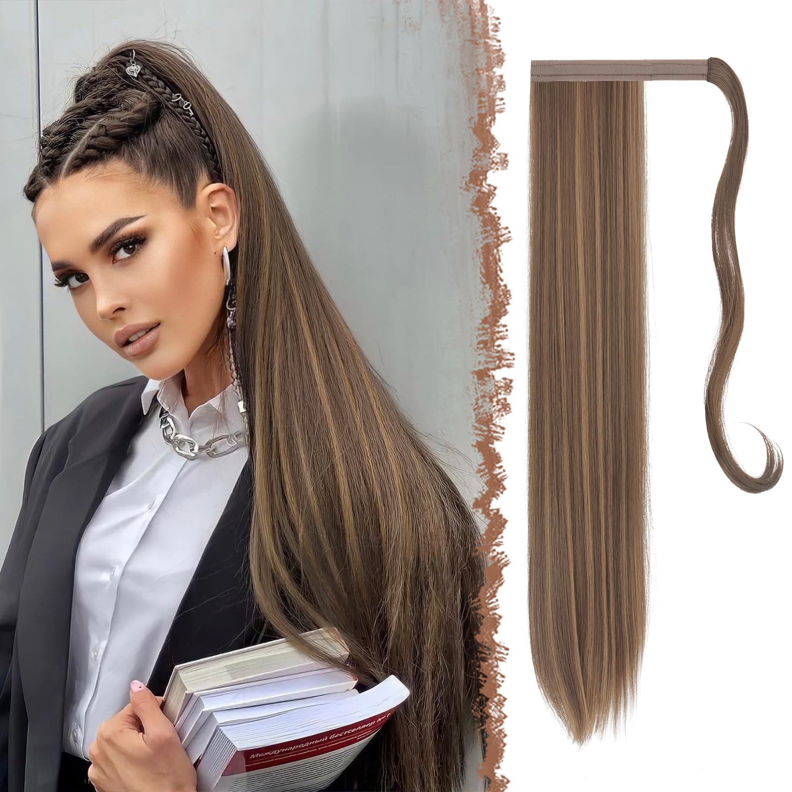 FESHFEN Straight Ponytail Extensions Long Wrap Around Ponytail Synthetic Clip in Pony Tail Hair Extensions Golden Brown Mixed Blonde Hairpiece for Women, 28 inch — image 1