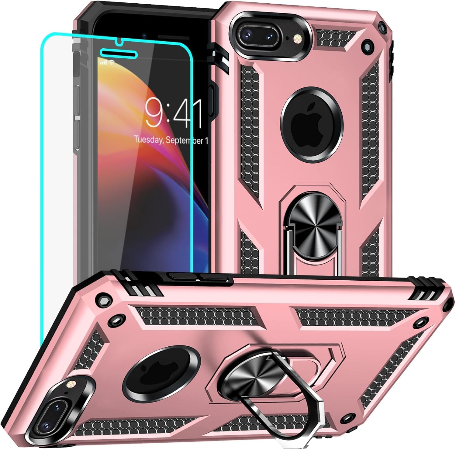 Yiakeng for iPhone 8 Plus Case with Screen Protector, Military Grade Protective Phone Cover with Ring Holder Kickstand for iPhone 7 Plus / 8 Plus (Rose Gold) โ image 1