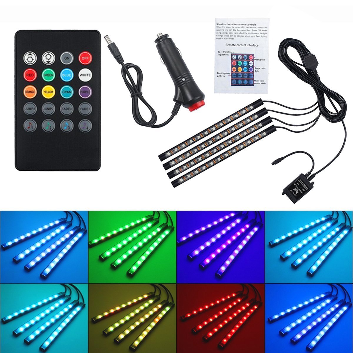 YaphteS Car LED Strip Lights 4pcs 48 LED Multicolor with Sound Active Function and Waterproof Wireless Remote Control Car Interior Lighting Kit