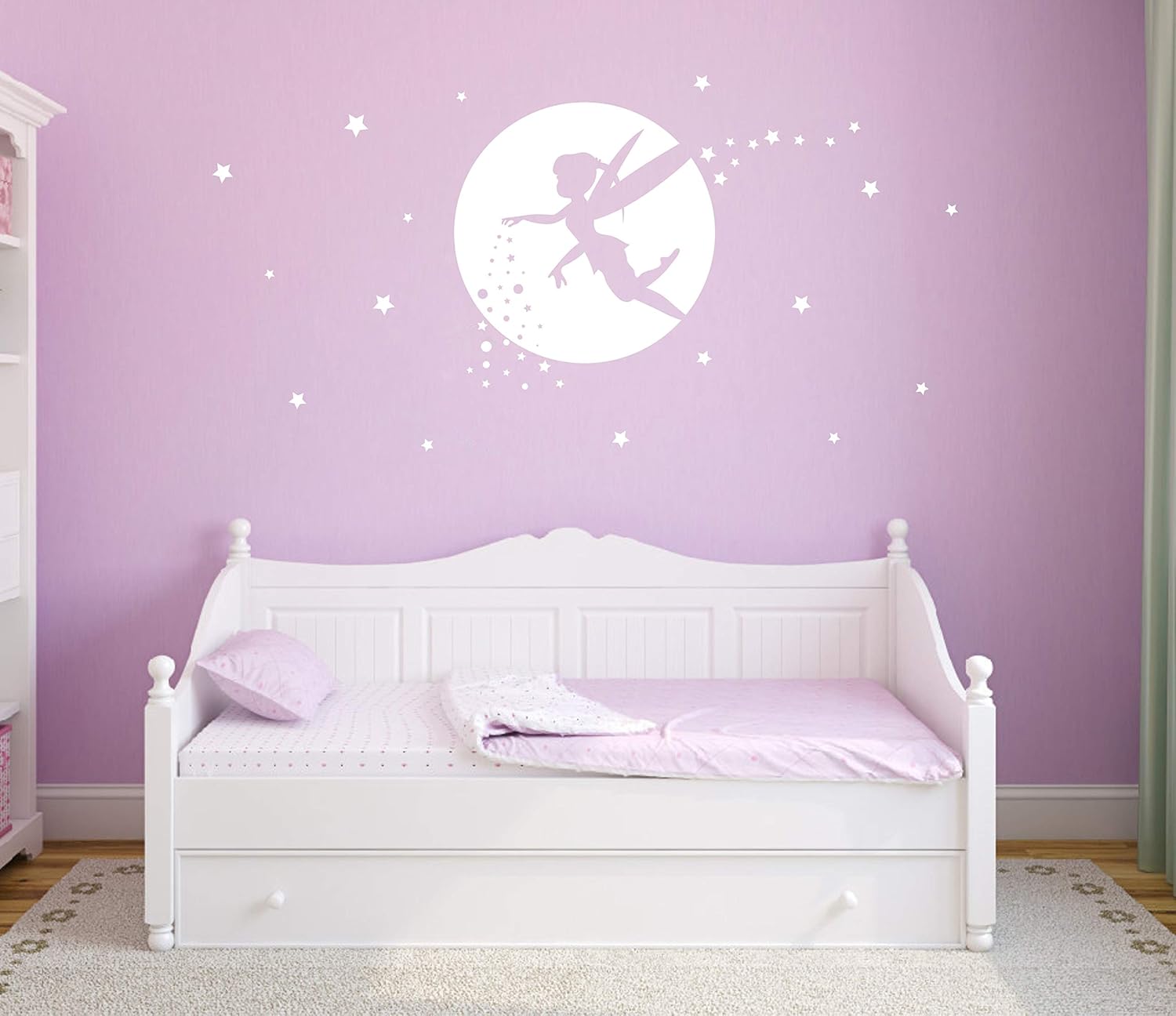 Fairy Wall Decals, Girl Room Decor, Nursery Wall Decals, Fairy Wall Stickers for Bedroom, Wall Decor Bedroom, Moon and Star Wall Decor Y34 (White)