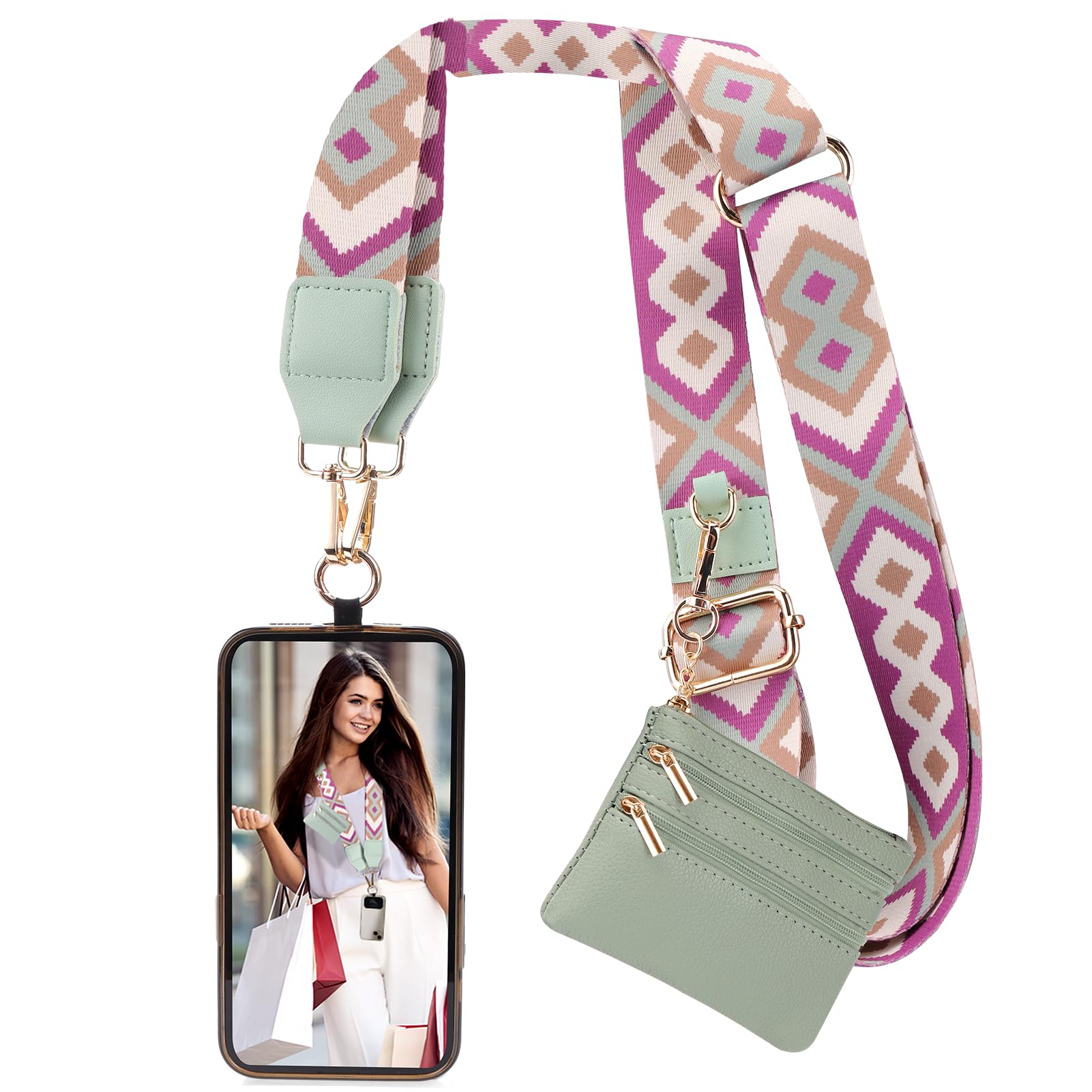 Photo 1 of XANGNIER Clip and Go Strap for Phone with Wallet Crossbody, Phone Strap with Zippered Wallet, Adjustable Anti Theft Cellphone Lanyard for Women, Cellphone Chain Accessories Green
