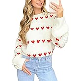 Women Heart Print Sweaters Crewneck Loose Fit Knit Pullover Casual Sweater Tops