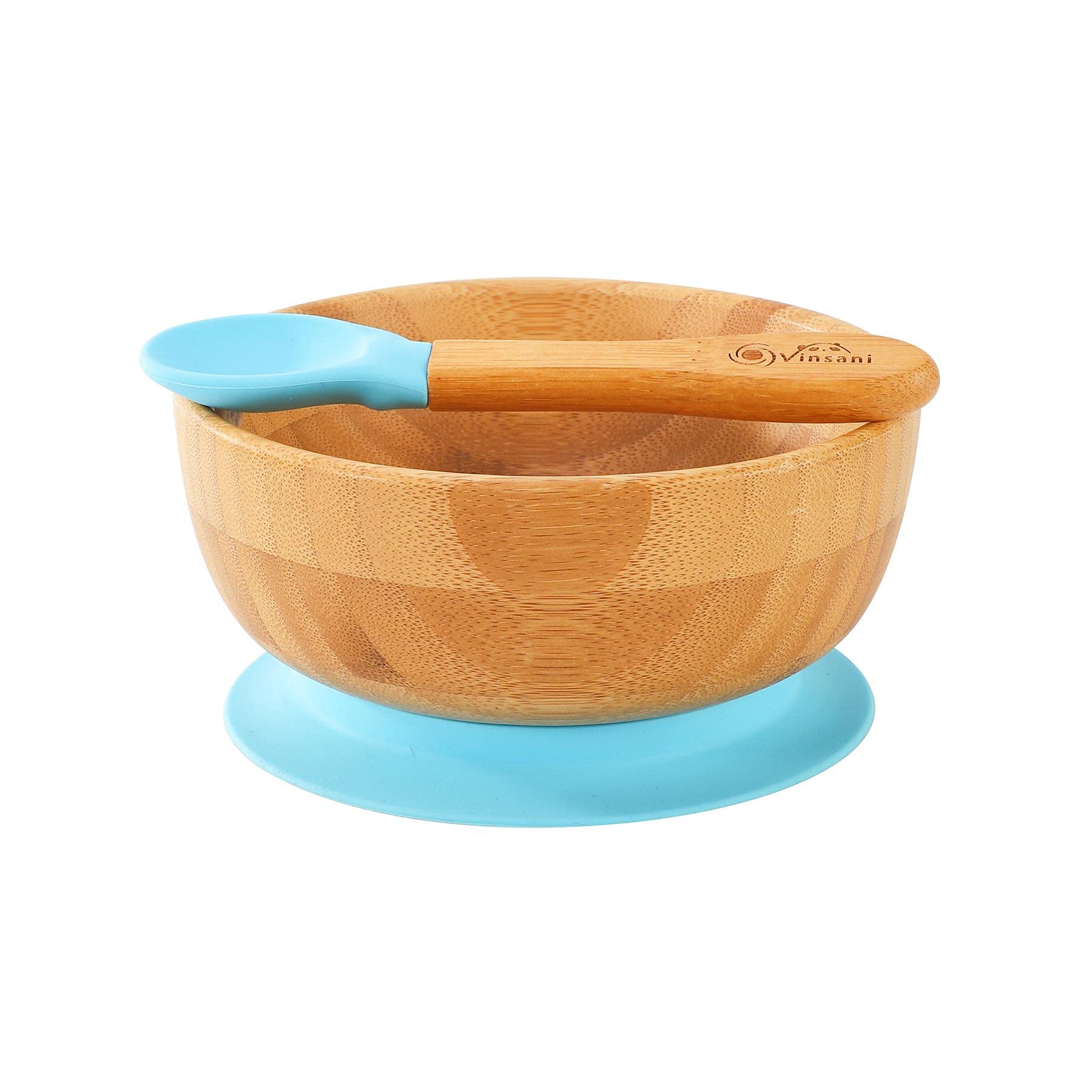 Vinsani Bamboo Bowl and Spoon Set for Baby/Toddler, Suction Plate, Stay-Put Design, Hypoallergenic and BPA-Free (Blue)