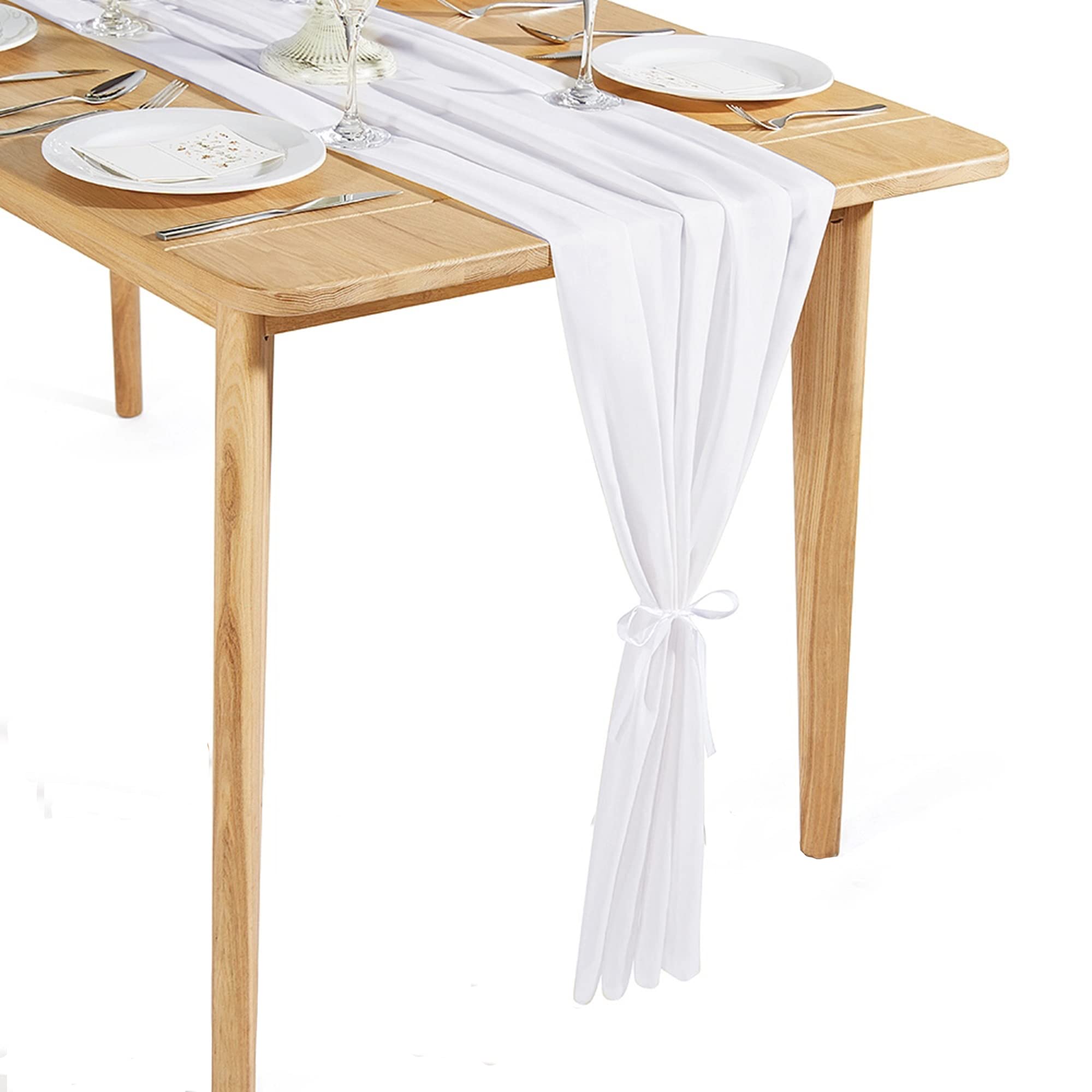 Time to Sparkle 2PCS 10FT Chiffon Table Runner Wedding Decor 28x120 inches Gauze Table Runner Rustic Sheer Table Decor for Romantic Bridal Shower Baby Shower Birthday Party White