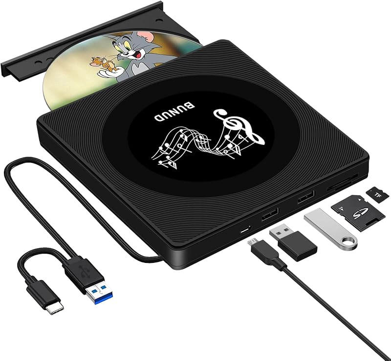 BUNUD USB 3.0 Type C External CD DVD Drive Reader Writer SD TF USB Ports