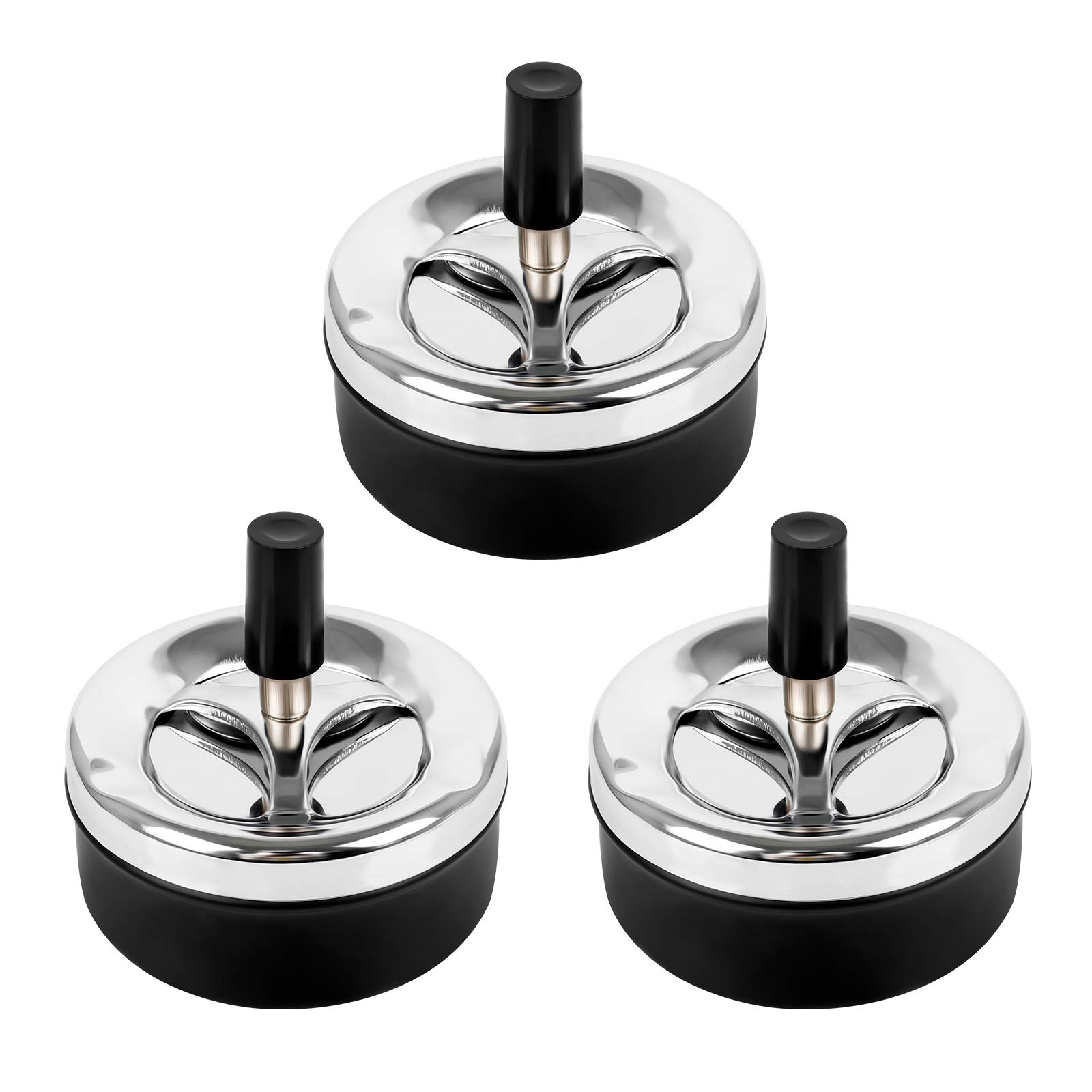 Jubaopen 3PCS Spinning Ashless Ashtray Push Down Extra Large Chrome Windproof Ashtray Outdoor Tabletop Ashtrays for Outdoor Home Office Bar(9 * 9.3cm, Black)