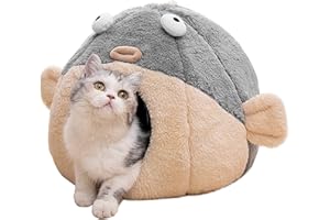 LCYBEM Cat Beds for Indoor Cats - Cat Bed Cave with Removable Washable Cushioned Pillow, Soft Plush Premium Cotton No Deformation Pet Bed, Lively Pufferfish cat House Design, Grey, Multiple Sizes