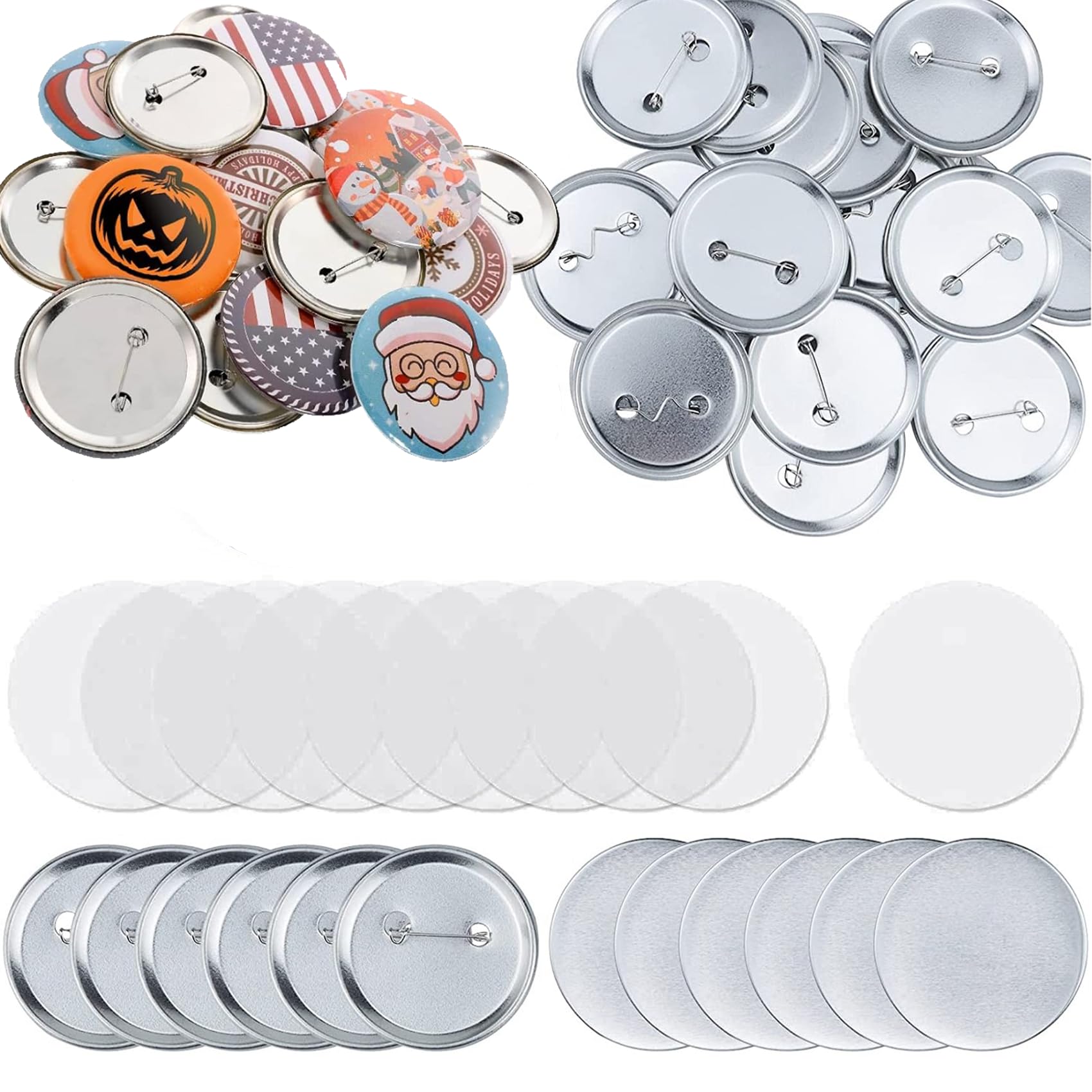 AWAOVV 100Pcs Metal Blank Button Badge Kit, 58mm Round Sublimation Pin Badges, DIY Personalised Including Metal Shells, Back Cover and Clear Film, for Making