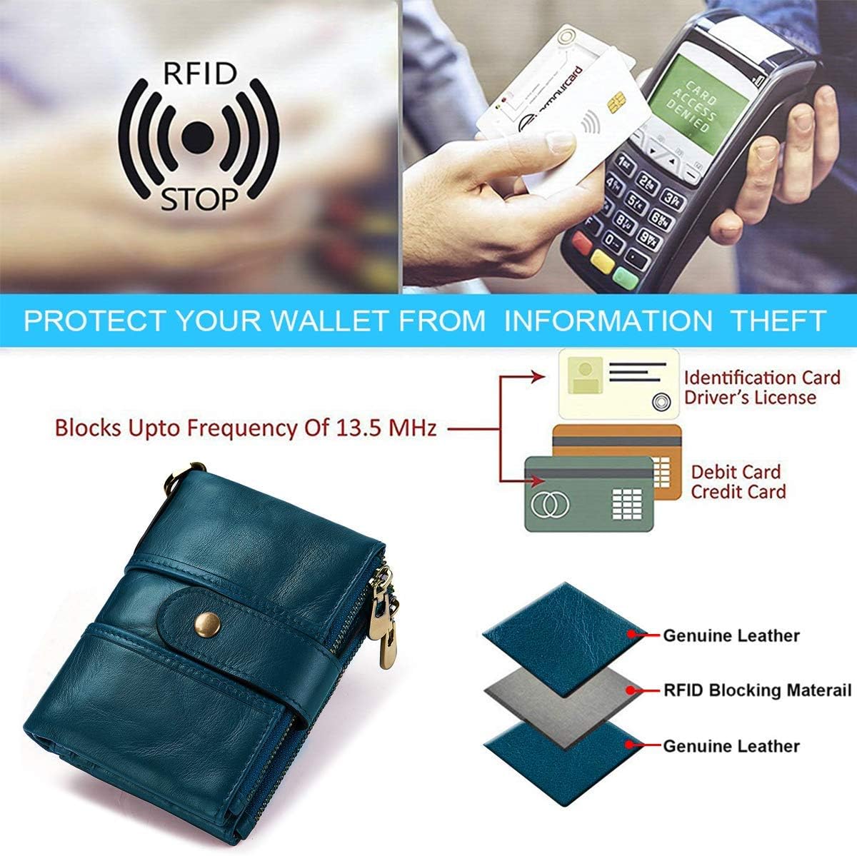 Womens Purse Wallet RFID Blocking Real Leather Ladies Purses with Chain Multi Compartment Purses for Women with Double Zip, Small Bifold Ladies Wallets with Coin Pocket 16 Card Holder (Blue) - Image 5