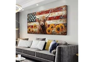 LASMOND Country Highland Cow Wall Art for Living Room Rustic Retro Vintage American Flag Sunflower Canvas Painting Prints Highland Cattle Artwork Farmhouse Bedroom Office Decor (46x23 Inches)