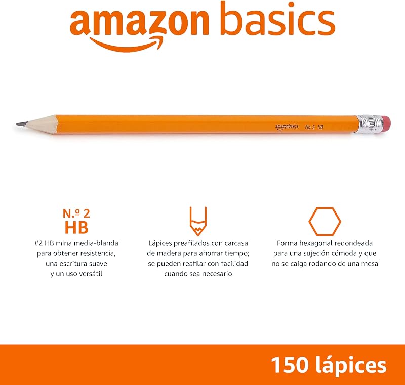 Amazon Basics No. 2 HB Lápis de madeira, afiado, 150 unidades, amarelo