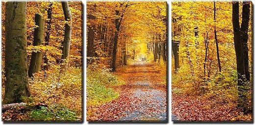 Amazon Com Wall26 3 Piece Canvas Wall Art Road In The Autumn Forest Modern Home Art Stretched And Framed Ready To Hang 24 X36 X3 Panels Posters Prints