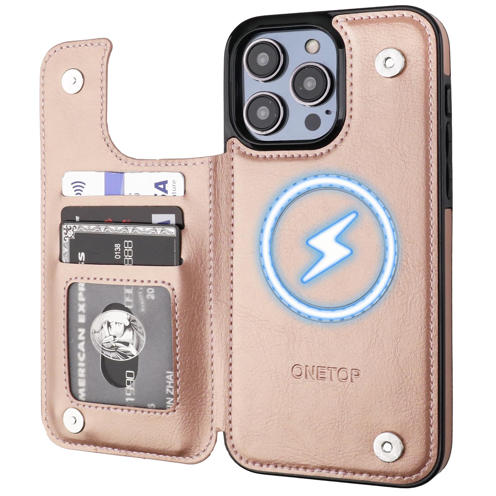 ONETOP Compatible with Magsafe for iPhone 14 Pro Max Wallet Case with Card Holder, PU Leather Kickstand RFID Blocking Case, Double Magnetic Clasp and Durable Shockproof Cover 6.7 Inch (Rose Gold)