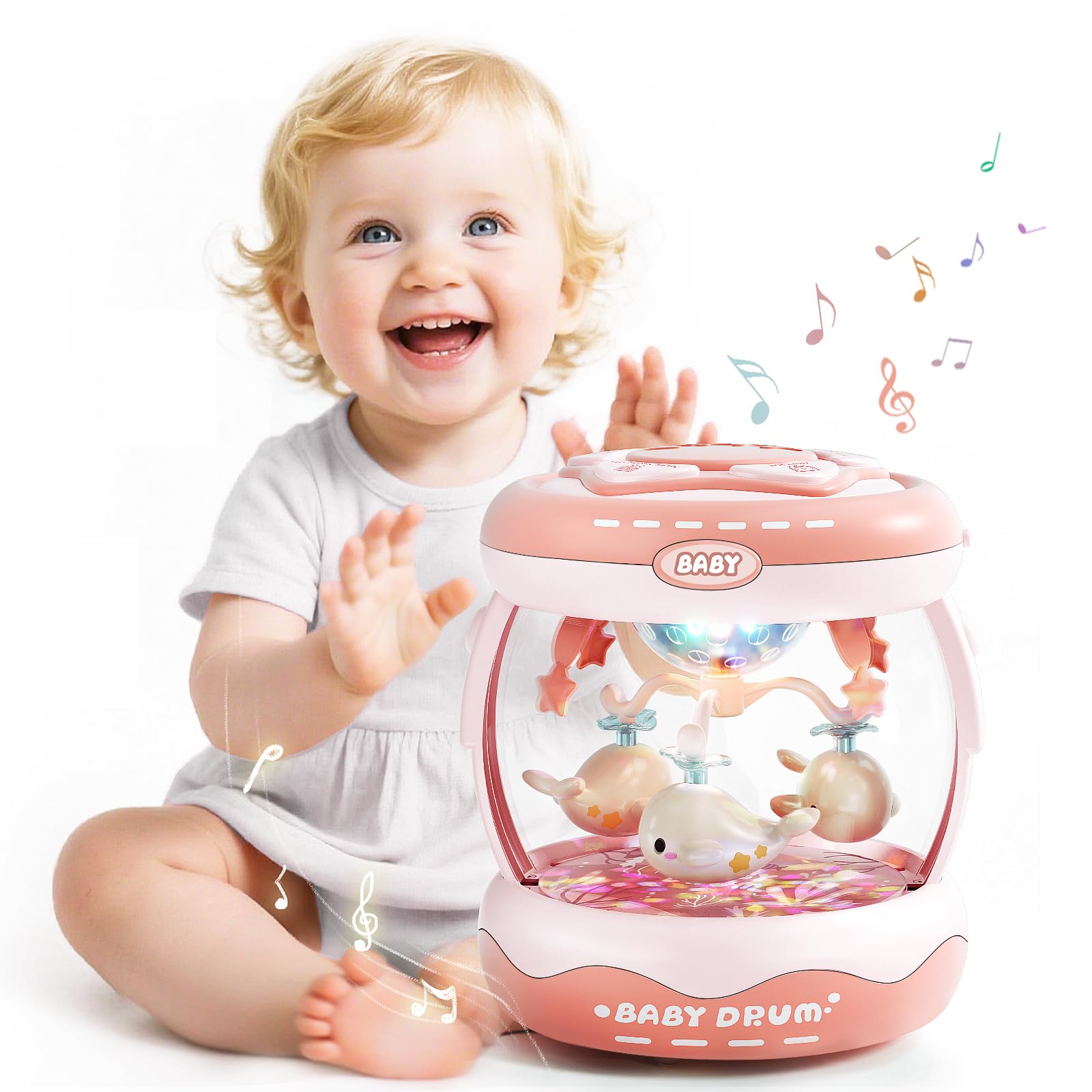 Photo 1 of Jovow Baby Light Up Musical Toys for 6-12 Months,Rotating Crawling Tummy Time Infant Toys for Toddler 12-18 Months,Early Learning Baby Toy Gifts for Babies 3-6 7 8 9 12-18 Month?Pink?