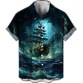 LAOLIUSN Funny Pirate Shirt Pirate Ship Graphic Short Sleeved Button Shirt