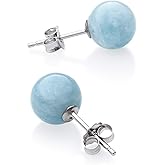 Belacqua Round Natural Green Jade,Blue Milky Aquamarine,Rose Quartz or Black Onyx Stud Earrings in Sterling Silver, Gemstone Size - 6mm to 10 mm, Jewelry for Women, Gift Box Included