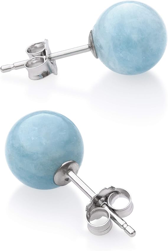 Amazon スターリングシルバー 天然ミルキーアクアマリン ジェムストーン ラウンド ブルー ユニセックス スタッドピアス ブルー ピアス 通販
