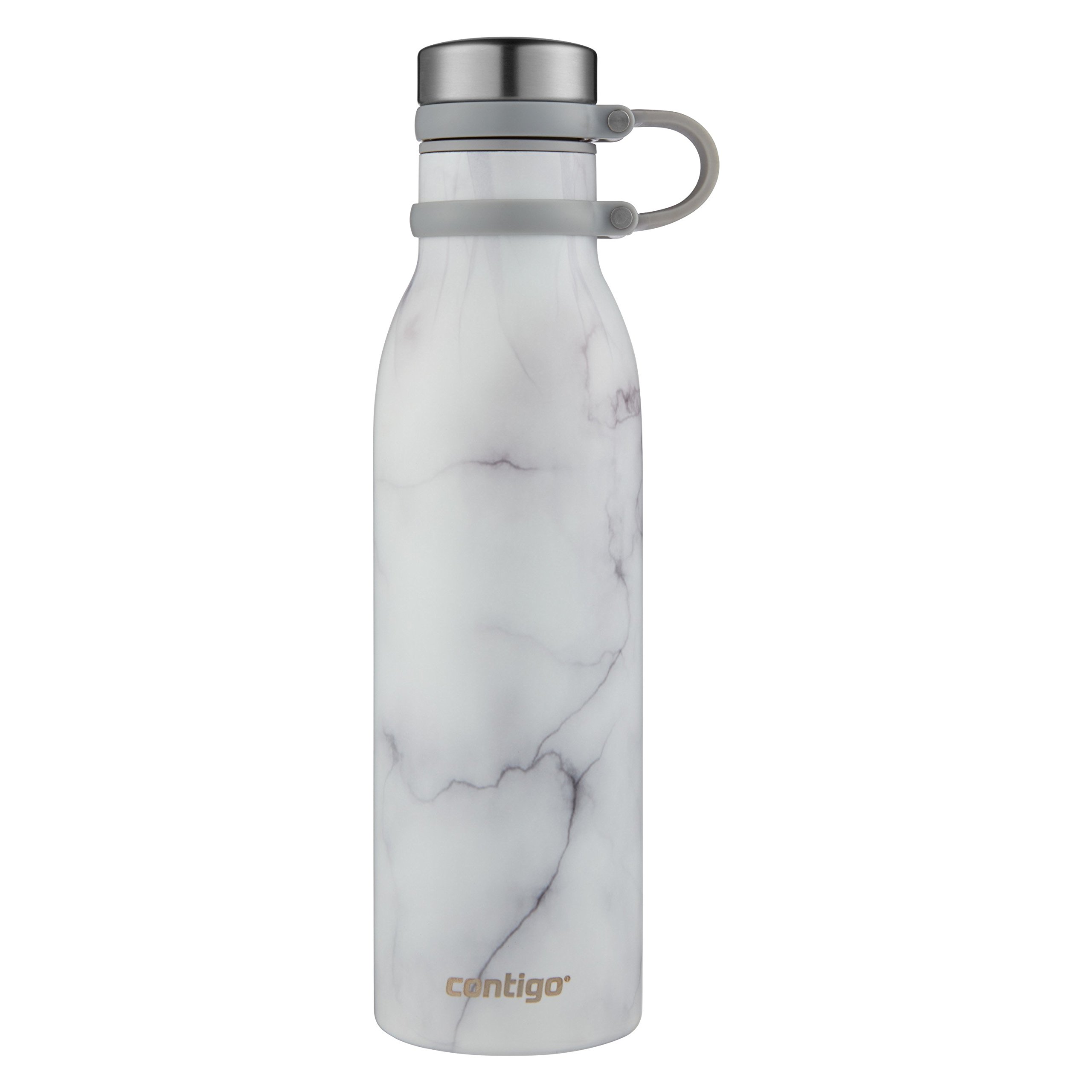 Contigo Matterhorn Botella de agua de acero inoxidable aislada al vacío con tapa a prueba de fugas, las bebidas se mantienen frías hasta 24 horas o calientes hasta 10 horas, se adapta a la mayoría de portavasos, mármol blanco de 20 onzas