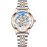 MASTOP Women's Sapphire Watches Automatic Steampunk Self Winding Mechanical Gold Bracelet Ladies Skeleton Wrist Watch Leather Strap for Ladies Famale