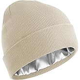 Satin Lined Beanie for Women Men, Cotton Knit Winter Hat Silk Lining Soft Warm Cuffed Fisherman Beanies Hats Skull Cap