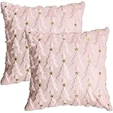 AVOIN colorlife Christmas Tree Star Pink Throw Pillow Cover Set of 2, 18 x 18 Inch Soft Plush Faux Fur Jacquard Festivals Winter Cushion Case Decoration for Sofa Couch