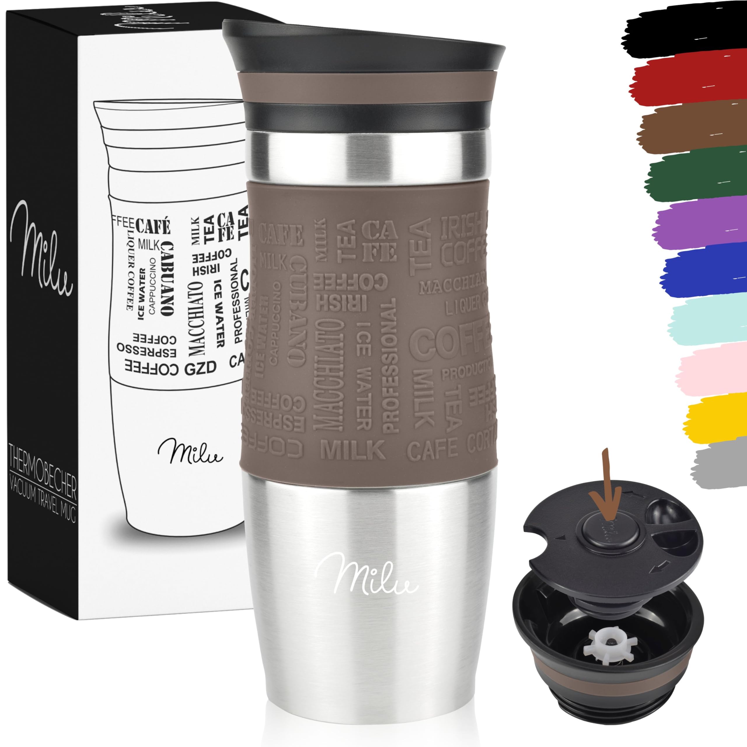 Milu Insulated Coffee Mug to Go - 370ml, 100% Leak Proof - Stainless Steel - Double Wall Insulation - Travel Mug - Brown — image 1