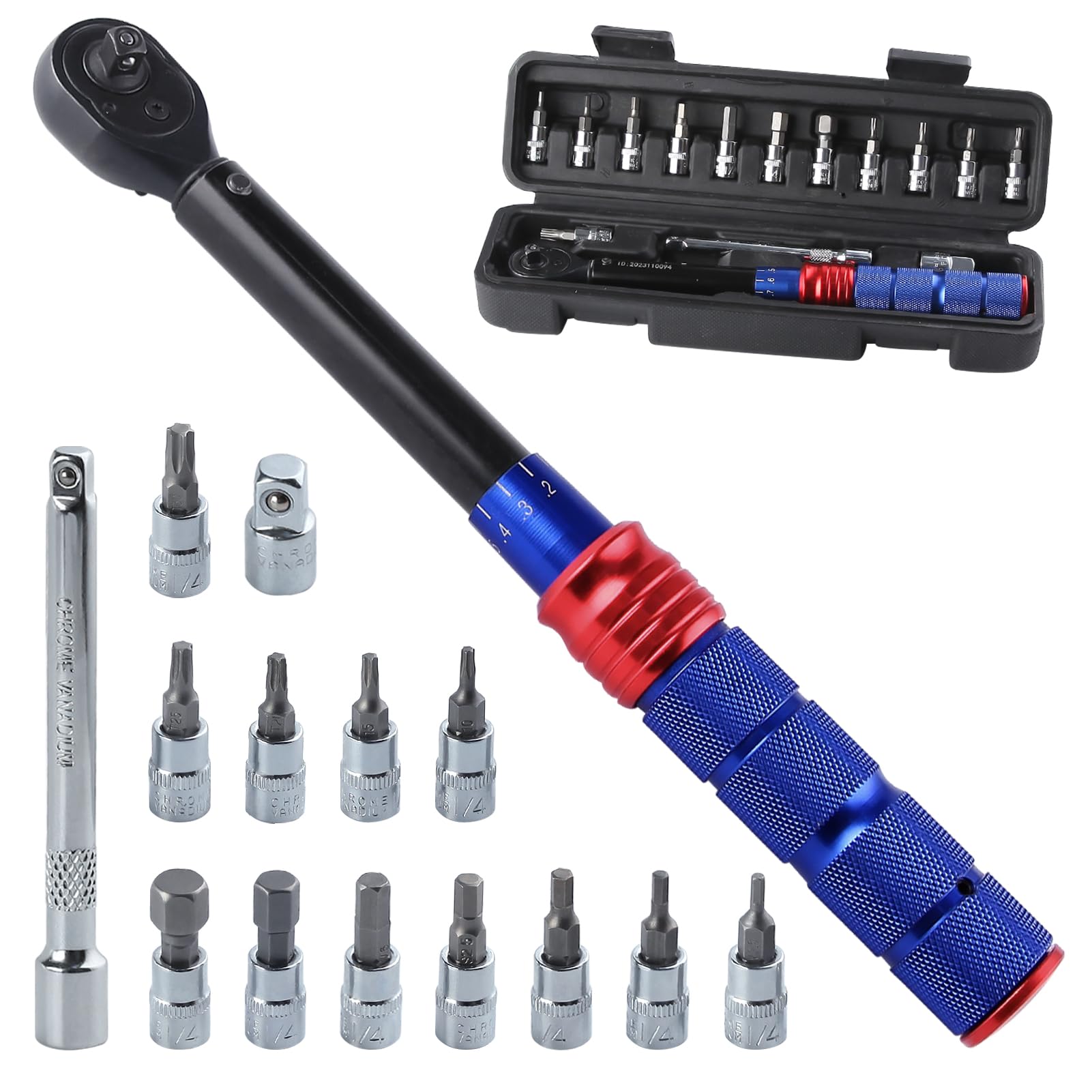 SPEEDWOX 15Pcs Pound Torque Wrench 1/4 Inch Drive Click Torque Wrench Set for Mountain Road Bikes Dual-Direction Adjustable Torque Wrenches 2 to 24 Nm with 1/4 Extension Bar and Adaptor Storage Box