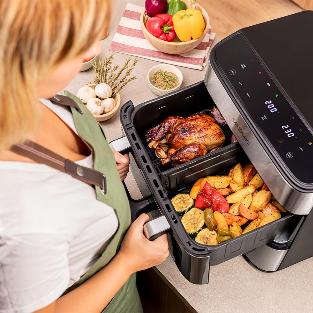 Cecotec Cecofry FoodCourt 18000 4Pizza Air Fryer 18 l Air Fryer 18000 4Pizza 2700 W, Backofen 30 cm, Temperatur max. 230 °C, 9 l Trennwand und 200 °C, Sync-Funktion, Pizzastein, Farbdisplay, Edelstahl 7