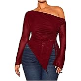 RoseSeek Women's Plus Size Sheer Mesh Off Shoulder Tops Long Sleeve Drawstring Asymmetrical Hem Ruched T Shirt