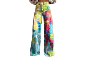 GOKKILRW Wide Leg Pants Woman High Waist Floral Patterned Pants Lightweight Loose Fit Casual Colorful Trouser Imitation Jeans