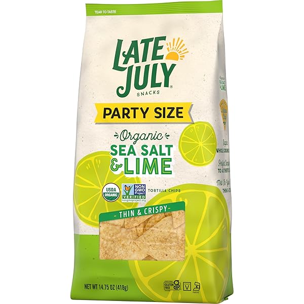 LATE JULY SNACKS, THIN & CRISPY ORGANIC TORTILLA CHIPS, SEA SALT & LIME, 14.75 OZ PARTY SIZE BAG