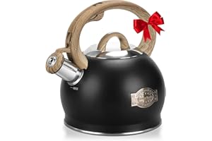 Hauce Radio Tea Kettle Stovetop, Black Tea Kettles-2.1 Quart Loud Whistle Stovetop Teapot,Food Grade Stainless Steel with Wood Pattern Handle, Unique Button Control Kettle Outlet for Tea, Coffee