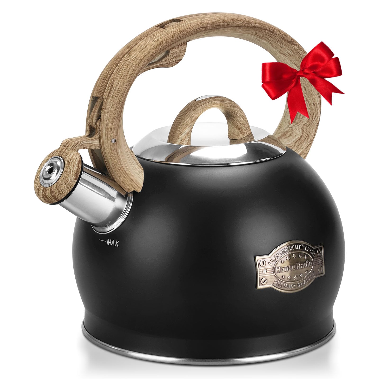 Photo 1 of Hauce Radio Tea Kettle Stovetop, Black Tea Kettles-2.1 Quart Loud Whistle Stovetop Teapot,Food Grade Stainless Steel with Wood Pattern Handle, Unique Button Control Kettle Outlet for Tea, Coffee
