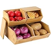 CENCODE Bamboo Pantry Storage Bins with Lid - Stackable Baskets, Potato and Onion Storage, Wood Storage Bins for Pantry Baskets Organization and Storage, Kitchen Essential, Set 3 Pieces