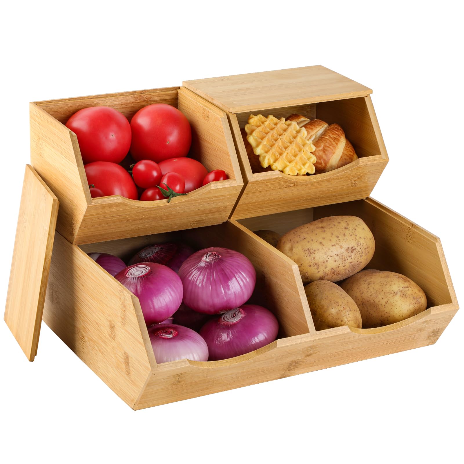 Photo 1 of ***MINOR DAMAGE*** CENCODE Bamboo Pantry Storage Bins with Lid - Stackable Baskets, Potato and Onion Storage, Wood Storage Bins for Pantry Baskets Organization and Storage, Kitchen Essential, Set 3 Pieces