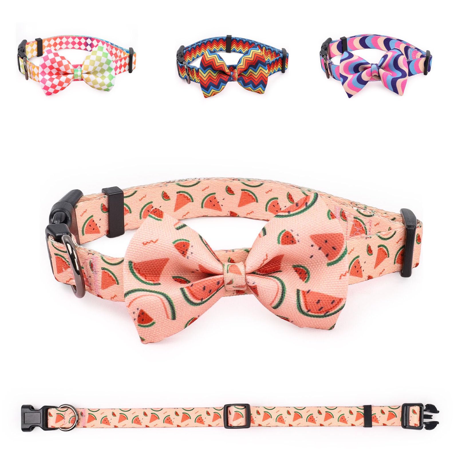 COSYHOMELONDON patterned Dog Collar with Bowtie, Durable Adjustable and Comfortable Collar for Small Dogs Puppies and Cats (Watermelon, M)