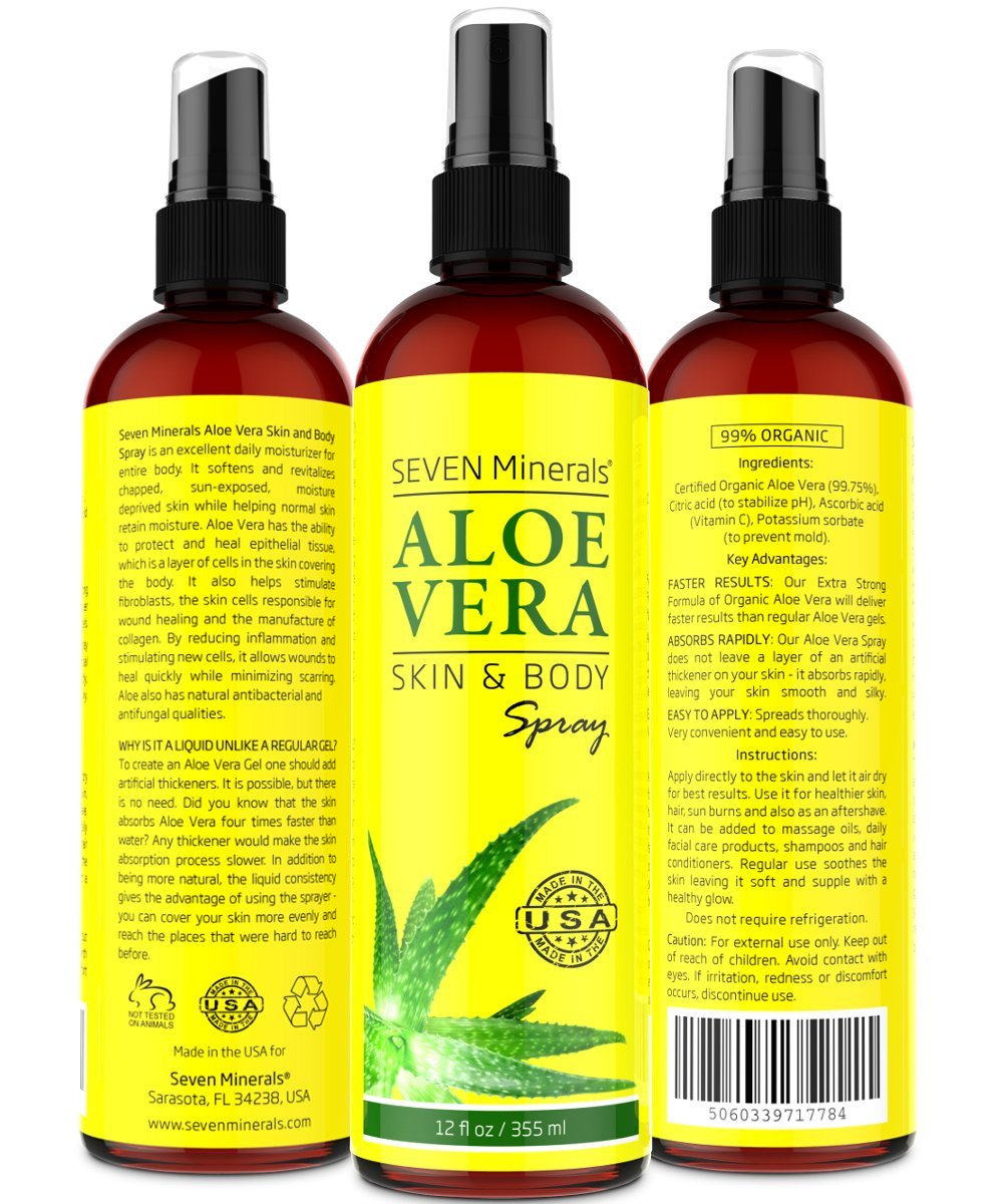 Organic Aloe Vera Spray for Body & Hair - From Freshly Cut Aloe Plant - Extra Strong - Easy to Apply - No Thickeners So It Absorbs Rapidly With No Sticky Residue - Made in USA (Big 12 fl oz) : Beauty