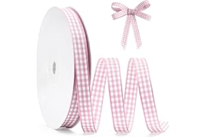 FAKILO Pink Gingham Ribbon 3/8", 25 Yards Roll Pink and White Buffalo Plaid Ribbon Polyester Check Ribbon for Birthday Weddin
