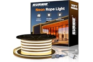 SURNIE 50ft/15m LED Neon Rope Lights - Commercial Neon Strip Light Outdoor Waterproof - 110V Flex Warm White Neon Lights Connectable DIY Strips Lighting for Indoor Outdoor Decor