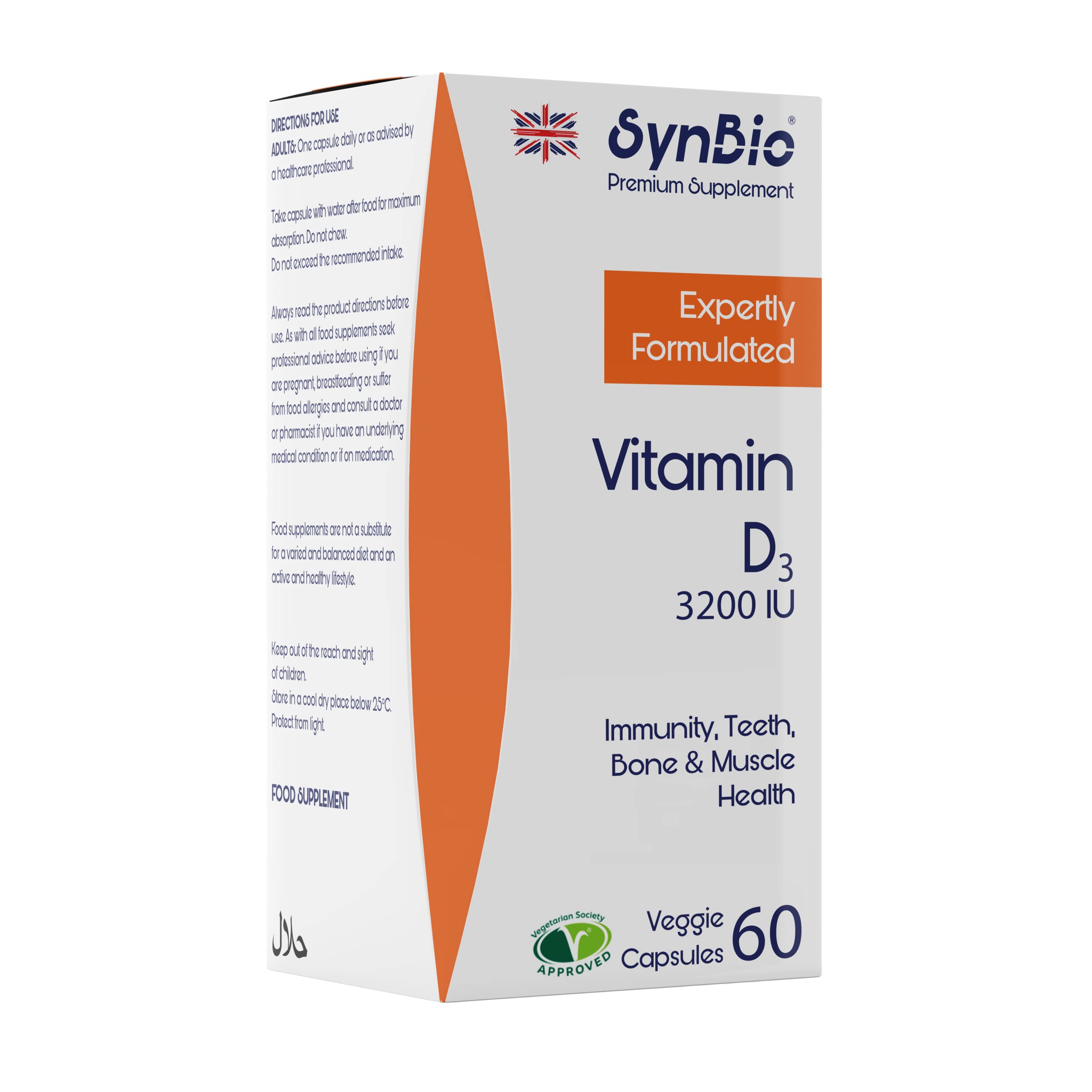 SynBio Premium - Vitamin D 3200 IU Capsules | Vegetarian Society Approved - SOYA Free - Dairy Free - Peanut/Nut Free - Kosher - Halal - Gelatin Free - Gluten Free