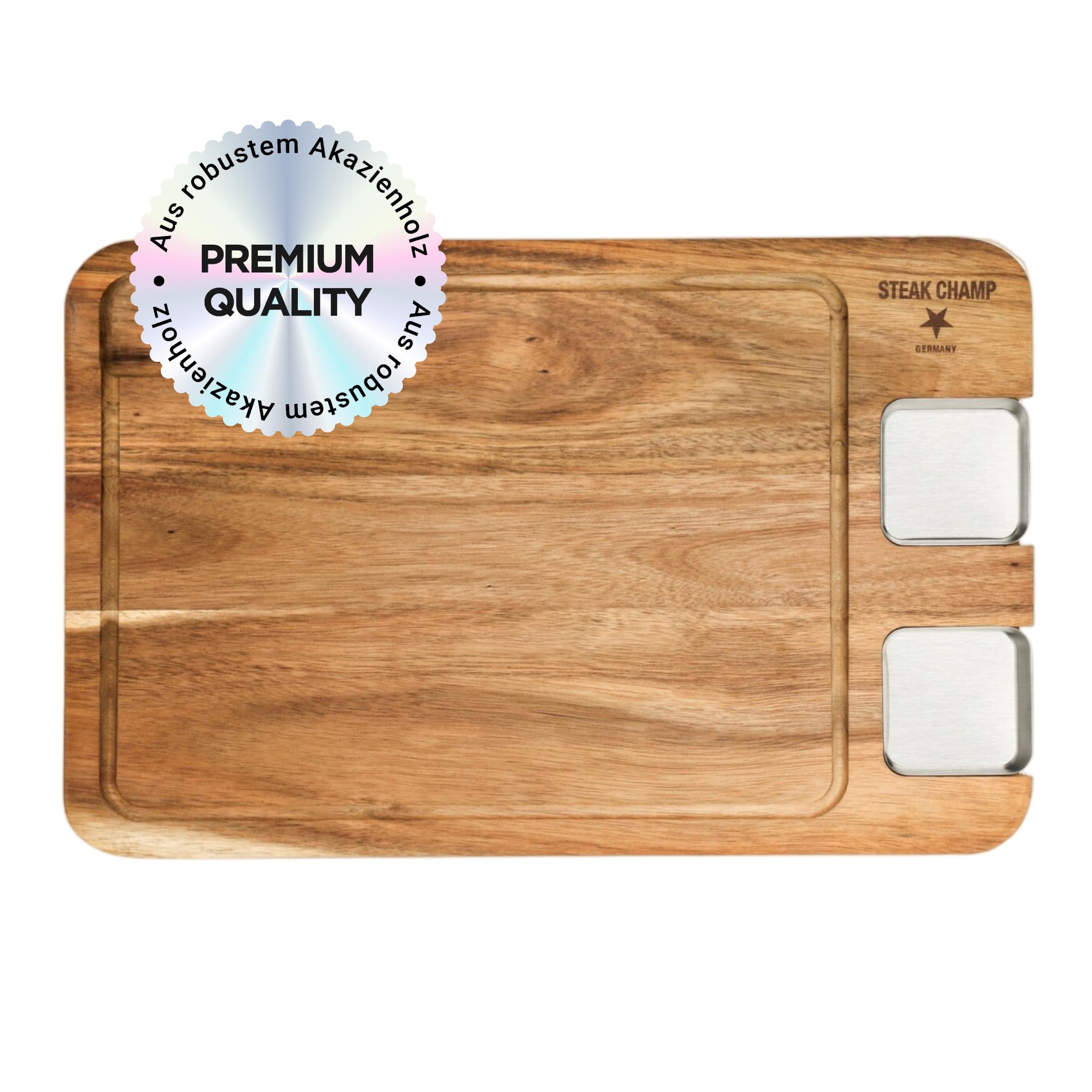 SteakChamp Premium Dining Board with Stainless Steel Gravy Boat & Juice Groove 42 cm x 27 cm I Stylish Acacia Chopping Board I Wooden Chopping Board for Wagyu or Tomahawk Steak I Gravy Boat with