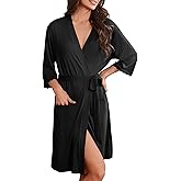 Ekouaer Robes for Women Knee Length Kimono Bathrobe Lightweight 3/4 Sleeve Sleepwear Soft Loungewear with Pockets S-XXL