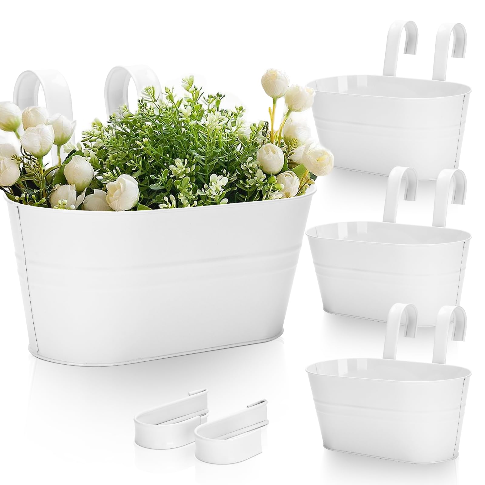 KINGLAKE 4Pcs Metal Hanging Plant Pots, 27cm White Fence Hanging Planters Flower Pots Holder Large Balcony Planters for Railing Outdoor Garden Home Décor with Detachable Hooks