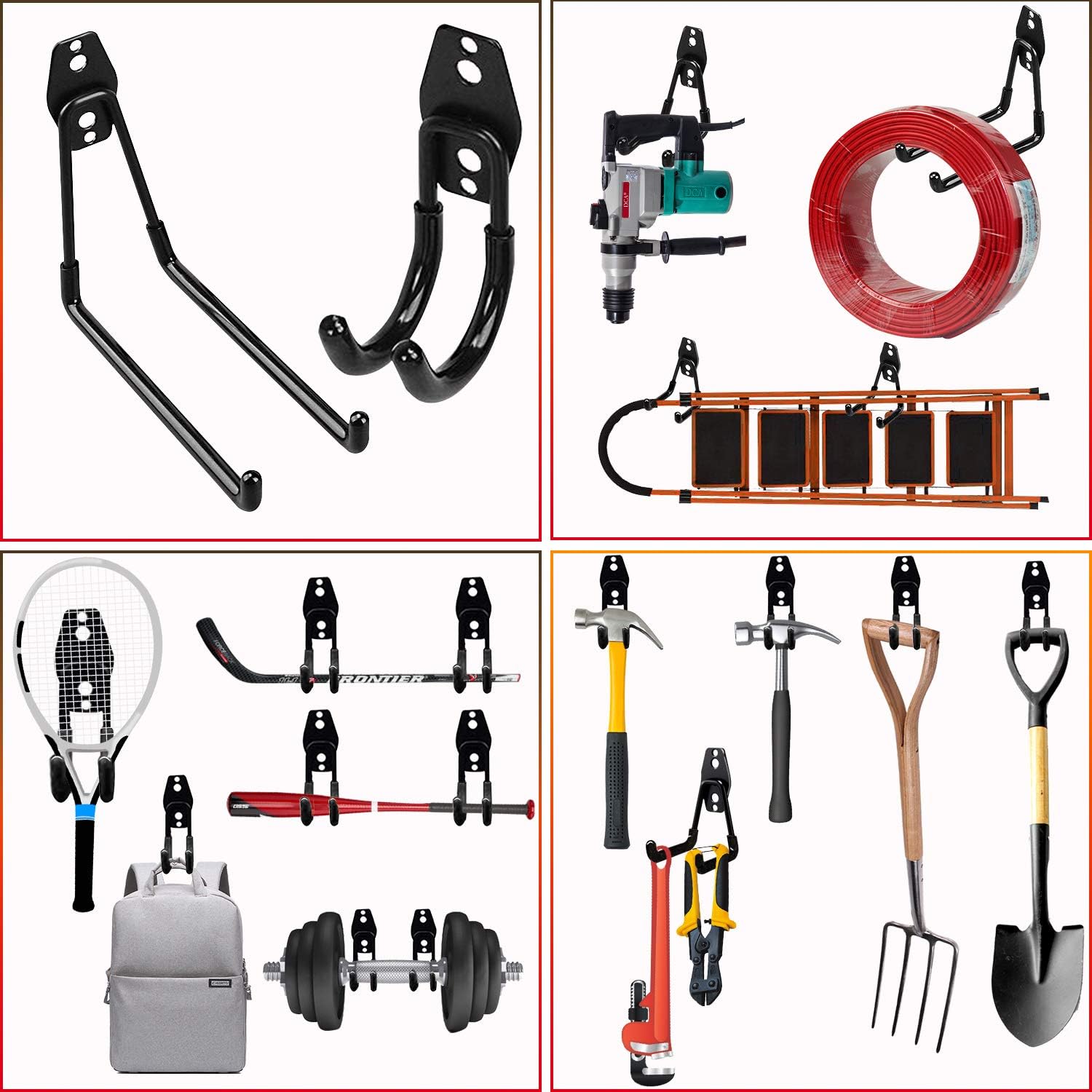 3-H Garage Hooks Heavy Duty, Steel Garage Storage Hooks 10PC, Utility Double Hooks for Organizing Power Tools, Ladders, Bikes, Bulk Items(10pc Black) - - 