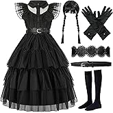 Leadinor Girls Black Princess Halloween Costume Halloween Dress Up Cosplay Party Outfit for Girls Kids with Wig Belts Golves