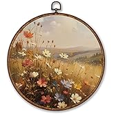 Voxitura Vintage Fall Wildflower Field Wall Art Round Framed, Farmhouse Landscape Wall Decor Canvas Hanging Living Room, Rustic Autumn Prints Artwork Decorations for Bedroom Thanksgiving 10x10in
