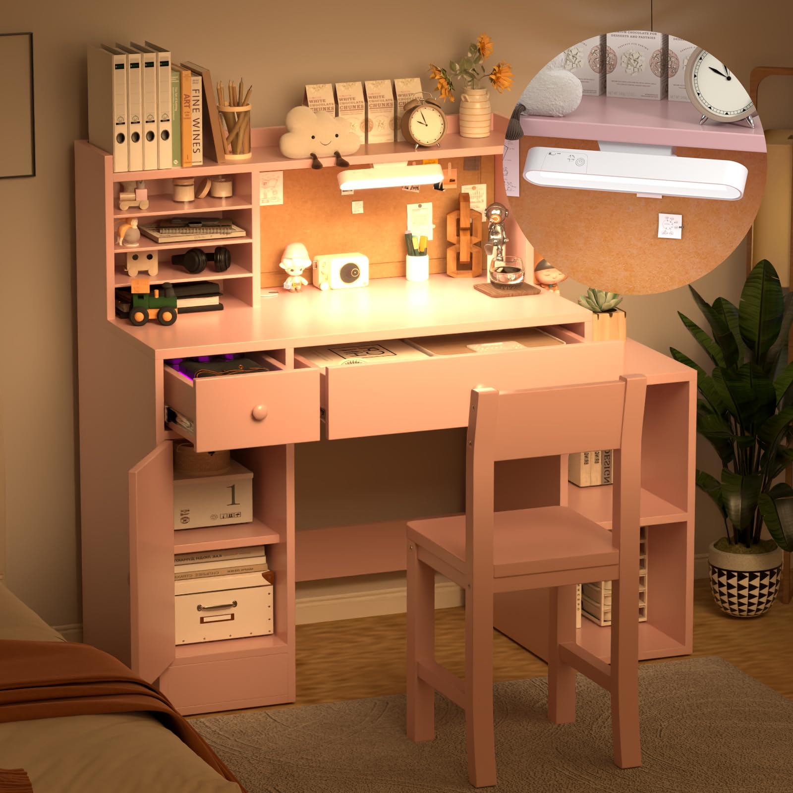 Photo 1 of RUPOLX Wooden Pink Kids Study Desk and Chair Set with Light, 2 Drawers and 4 Storage Cabinets, Children Desk with Hutch and Shelves, Girls Study Desk for Kids Bedroom-003