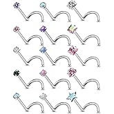 Lsnevsie 18G 20G Nose Rings Studs Piercing Jewelry for Women 316L Surgical Stainless Steel L Shaped Screw Straight Opal CZ Nose Rings Studs Hypoallergenic Nostril Piercing Jewelry for Women Men 15Pcs