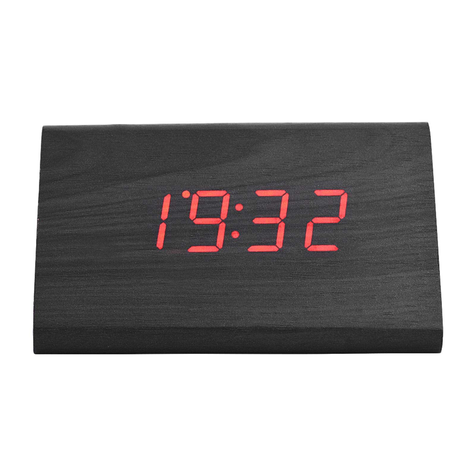 Socobeta Digital Alarm Clock Wooden Electronic LED Triangle Display Time Temperature with Voice Control for Home Bedroom Office(Black wood + red light)