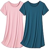 Olankaro Women's Nightgown 2 Pack Nightshirts Short Sleeves Sleepwear Soft O Neck Nightdress